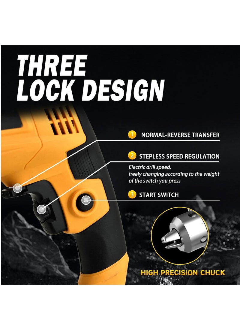 ELIKLIV - ELIKLIV 750W Hammer Drill, Impact Electic Corded Drill, with 13mm Metal Chuck, 0-3000RPM Variable Speed, 360° Rotatable Handle, Drill Bit Accessory Kit for Wood Metal Concrete - Image 1