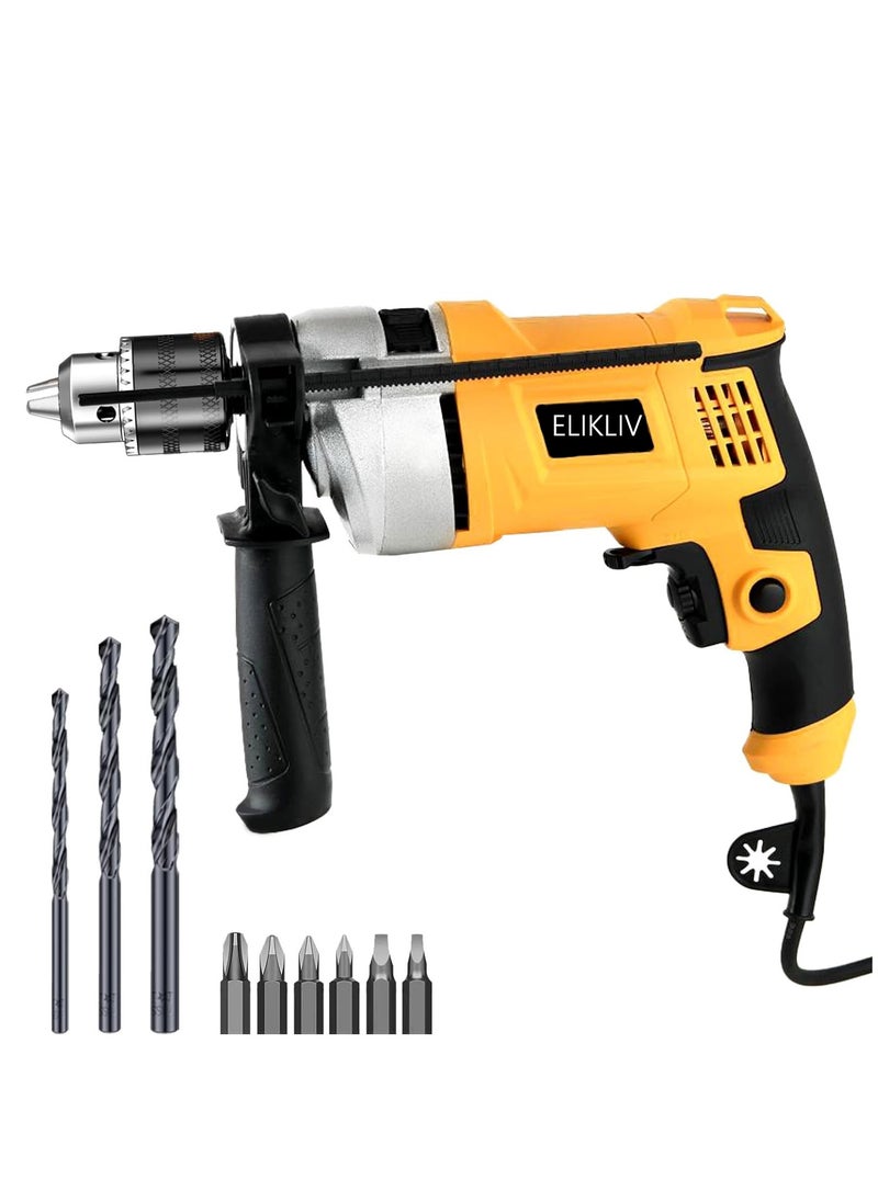 ELIKLIV - ELIKLIV 750W Hammer Drill, Impact Electic Corded Drill, with 13mm Metal Chuck, 0-3000RPM Variable Speed, 360° Rotatable Handle, Drill Bit Accessory Kit for Wood Metal Concrete - Image 1