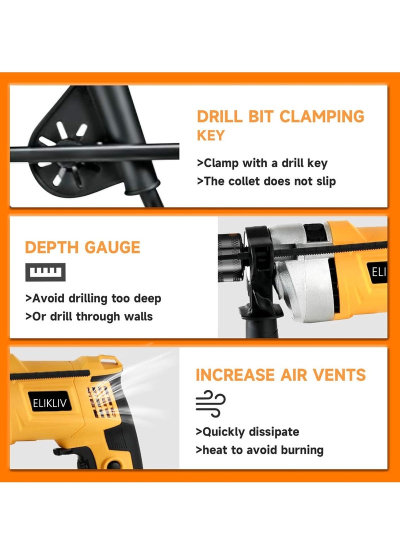ELIKLIV - ELIKLIV 750W Hammer Drill, Impact Electic Corded Drill, with 13mm Metal Chuck, 0-3000RPM Variable Speed, 360° Rotatable Handle, Drill Bit Accessory Kit for Wood Metal Concrete - Image 1