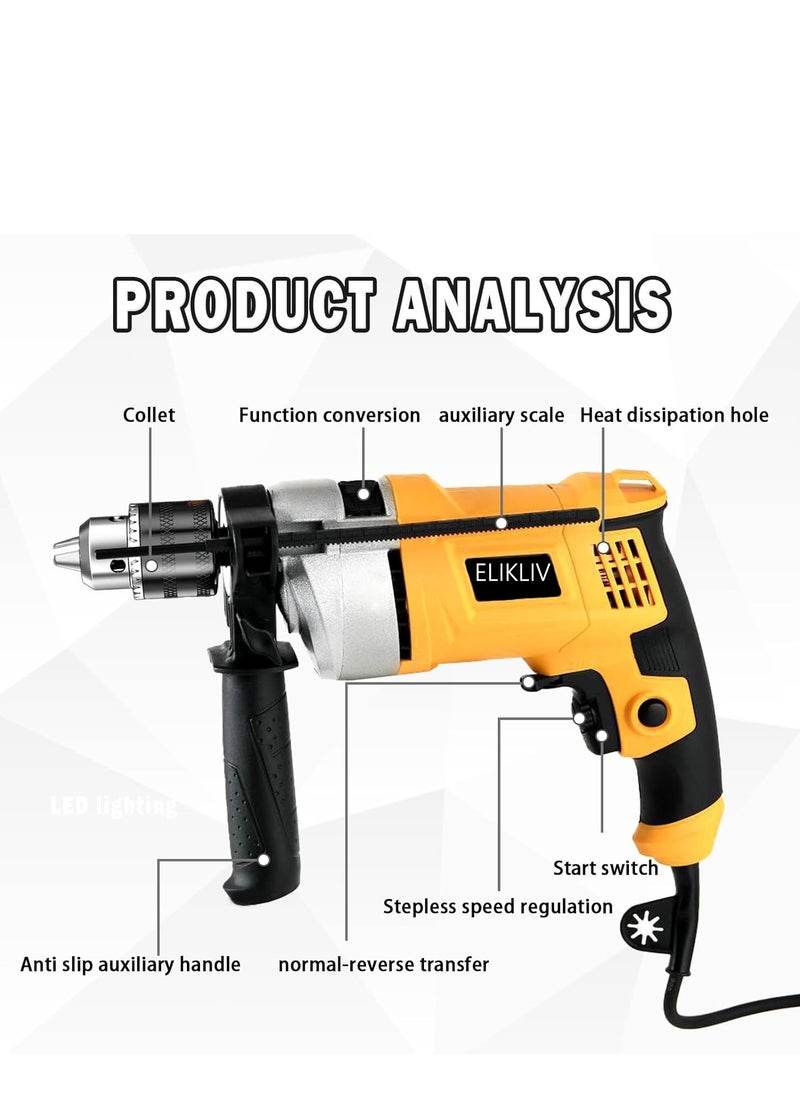 ELIKLIV - ELIKLIV 750W Hammer Drill, Impact Electic Corded Drill, with 13mm Metal Chuck, 0-3000RPM Variable Speed, 360° Rotatable Handle, Drill Bit Accessory Kit for Wood Metal Concrete - Image 1