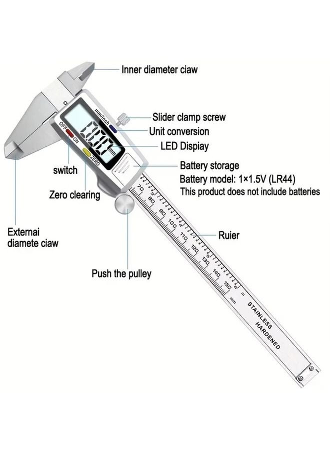 6 بوصة 150 ملم فرجار رقمي فرجار فيرنير الإلكتروني من الفولاذ المقاوم للصدأ فضي - Image 4