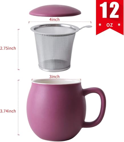 Yundu 12 OZ Matte Purple Ceramics Teacup with Infuser and Lid, Mug with Lid for Steeping - Stainless Steel Infuser for Loose Leaf Tea, Home Office Gift for Tea Lovers - Image 2