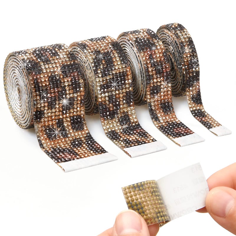 4 Rolls Self Leopard Print Adhesive Rhinestone Diamond Crystal Gem Ribbon StickerDIY Decorative Sticker with 2 mm Rhinestones for Crafts ArtsPhone Car and Home Decoration Leopard Print4 Yards
