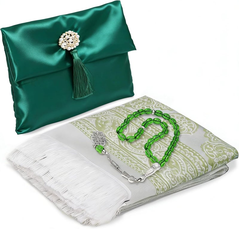 Pomefar Ramadan Prayer Mat with Beads & Elegant Fabric Bag, Foldable Washable Polyester Praying Rug, Gift for Men Women(Green) - Image 1