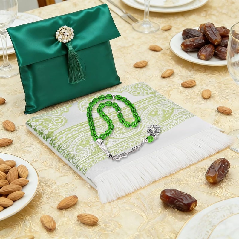 Pomefar Ramadan Prayer Mat with Beads & Elegant Fabric Bag, Foldable Washable Polyester Praying Rug, Gift for Men Women(Green) - Image 5