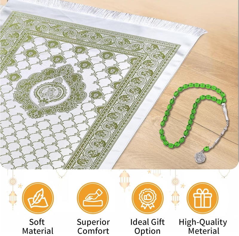 Pomefar Ramadan Prayer Mat with Beads & Elegant Fabric Bag, Foldable Washable Polyester Praying Rug, Gift for Men Women(Green) - Image 4