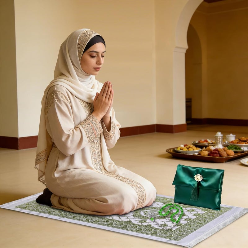 Pomefar Ramadan Prayer Mat with Beads & Elegant Fabric Bag, Foldable Washable Polyester Praying Rug, Gift for Men Women(Green) - Image 2