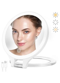 Lighted Rechargeable Makeup Mirror 10X/1X Magnification Double-sided Portable Cosmetic Travel Vanity Desk Mirror Stand Adjustable 3 Color Setting.
