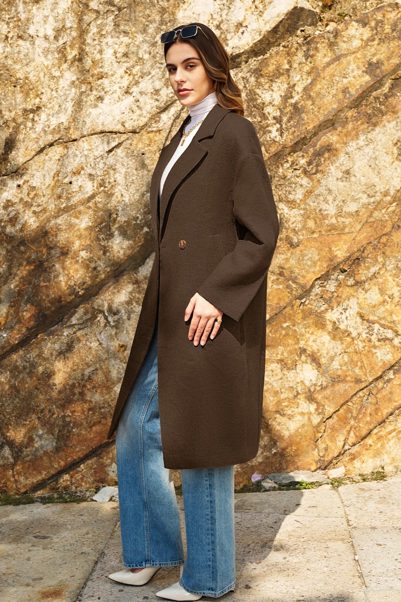 ELLEVEN Long Winter Coats for Women Wool Peacoat Long Sleeve Trench Coat Double Breasted Warm Fall Jackets Casual Outfits Brown Small - Image 2