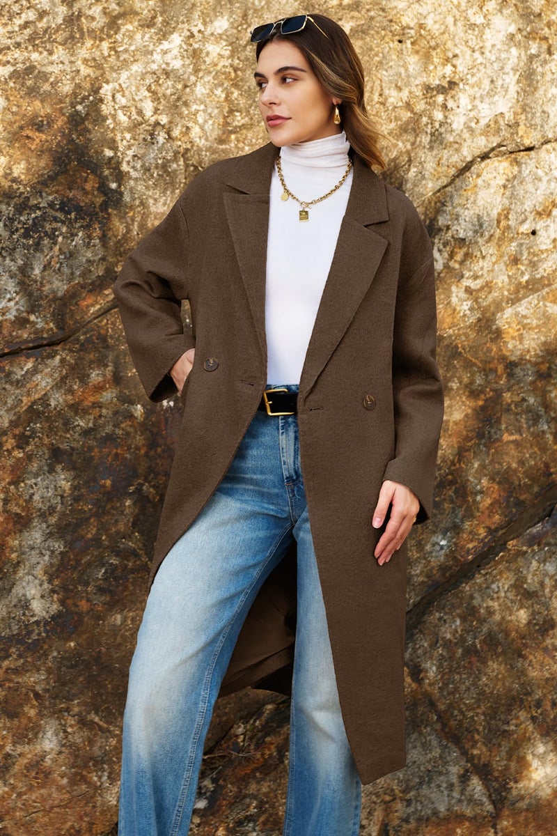 ELLEVEN Long Winter Coats for Women Wool Peacoat Long Sleeve Trench Coat Double Breasted Warm Fall Jackets Casual Outfits Brown Small - Image 5