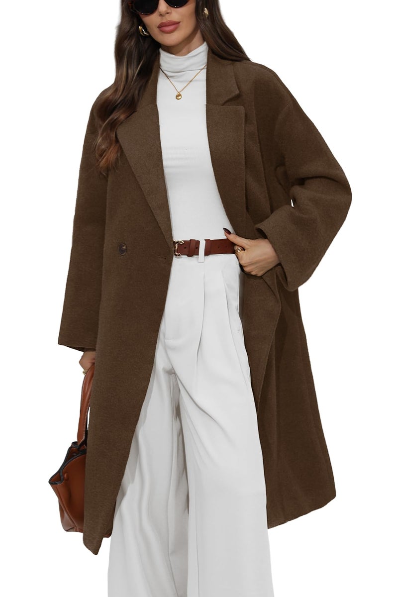 ELLEVEN Long Winter Coats for Women Wool Peacoat Long Sleeve Trench Coat Double Breasted Warm Fall Jackets Casual Outfits Brown Small - Image 1