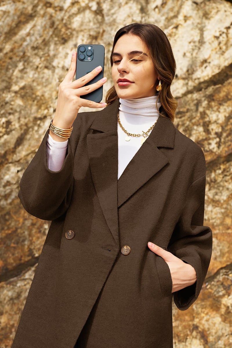 ELLEVEN Long Winter Coats for Women Wool Peacoat Long Sleeve Trench Coat Double Breasted Warm Fall Jackets Casual Outfits Brown Small - Image 4