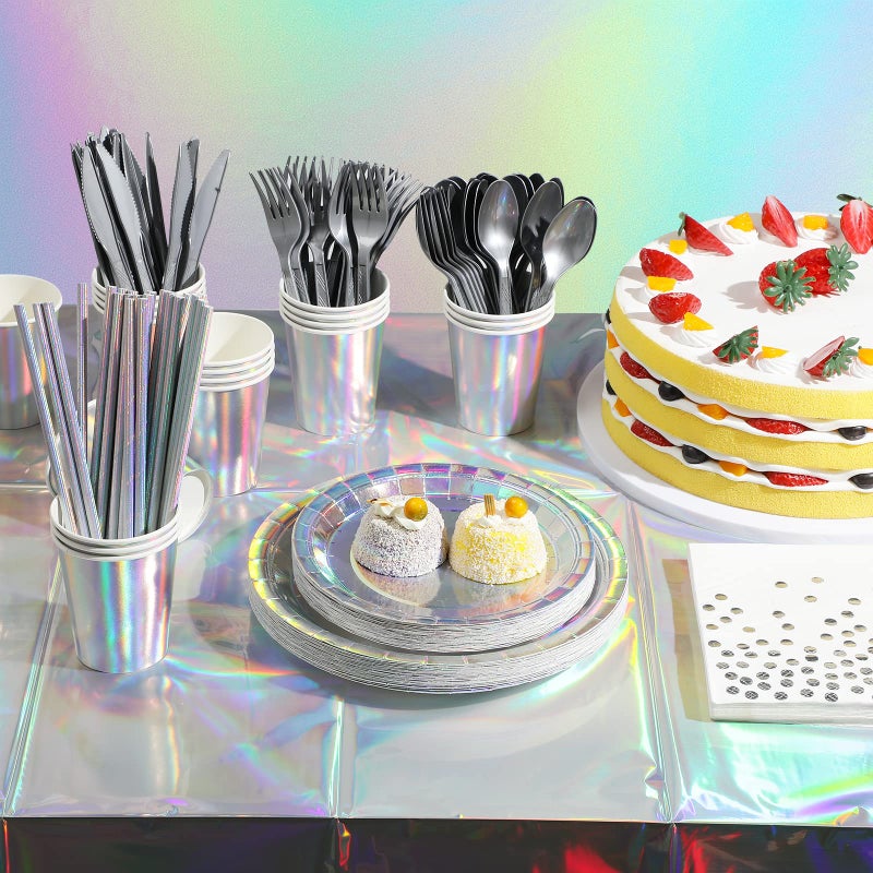 FunnyPars Iridescent Party Supplies Decorations, Holographic Paper Plates and Napkins Set, Disposable Iridescent Paper Plates Cups Knives Spoons Fork Straw for Mermaid Birthday Wedding Party, Serve 25 - Image 4