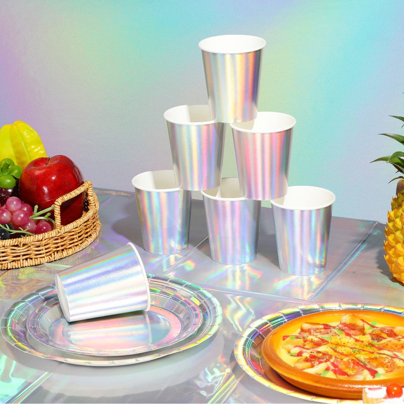 FunnyPars Iridescent Party Supplies Decorations, Holographic Paper Plates and Napkins Set, Disposable Iridescent Paper Plates Cups Knives Spoons Fork Straw for Mermaid Birthday Wedding Party, Serve 25 - Image 5