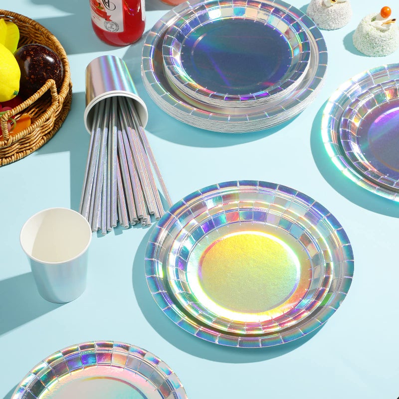 FunnyPars Iridescent Party Supplies Decorations, Holographic Paper Plates and Napkins Set, Disposable Iridescent Paper Plates Cups Knives Spoons Fork Straw for Mermaid Birthday Wedding Party, Serve 25 - Image 3