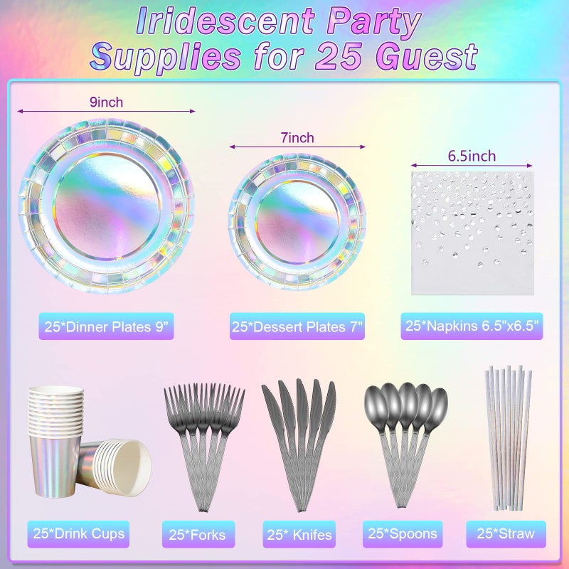 FunnyPars Iridescent Party Supplies Decorations, Holographic Paper Plates and Napkins Set, Disposable Iridescent Paper Plates Cups Knives Spoons Fork Straw for Mermaid Birthday Wedding Party, Serve 25 - Image 2