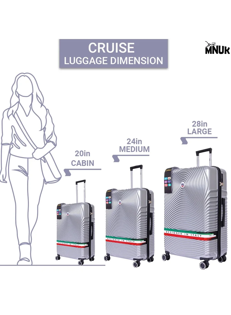 MNUK Cruise Checked Luggage | Hardside Soft Handle Trolley with TSA Lock |Double 360° 4 Wheeler| Medium-24Inch| Silver