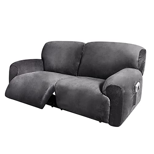 ULTICOR Extra Wide 75-100" 2 Seater Reclining Sofa Slipcover, Velvet Stretch 6-Piece, Soft Washable (Dark Grey) - Image 1