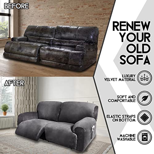 ULTICOR Extra Wide 75-100" 2 Seater Reclining Sofa Slipcover, Velvet Stretch 6-Piece, Soft Washable (Dark Grey) - Image 4
