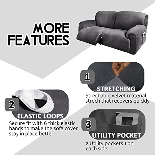 ULTICOR Extra Wide 75-100" 2 Seater Reclining Sofa Slipcover, Velvet Stretch 6-Piece, Soft Washable (Dark Grey) - Image 3