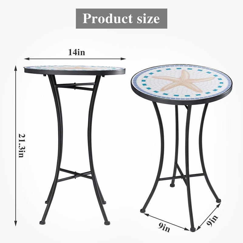 Vipush Mosaic Outdoor Side Table, 14" Round Folding Plant Stand for Patio Garden Backyard Balcony Porch Indoor Accent End Table for Living Room, Ceramic Tabletop with Black Iron, Starfish - Image 3