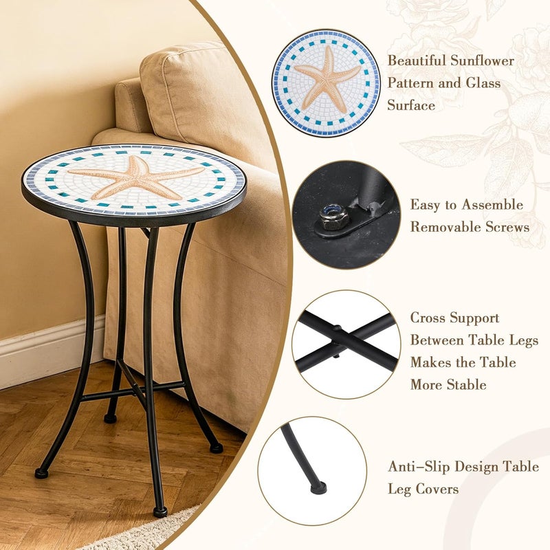 Vipush Mosaic Outdoor Side Table, 14" Round Folding Plant Stand for Patio Garden Backyard Balcony Porch Indoor Accent End Table for Living Room, Ceramic Tabletop with Black Iron, Starfish - Image 4