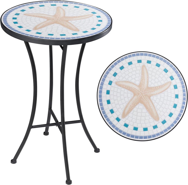 Vipush Mosaic Outdoor Side Table, 14" Round Folding Plant Stand for Patio Garden Backyard Balcony Porch Indoor Accent End Table for Living Room, Ceramic Tabletop with Black Iron, Starfish - Image 1