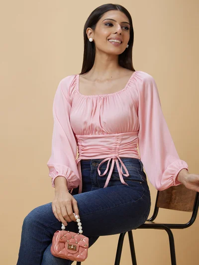 globus Women Gathered Puff Sleeve Crop Top