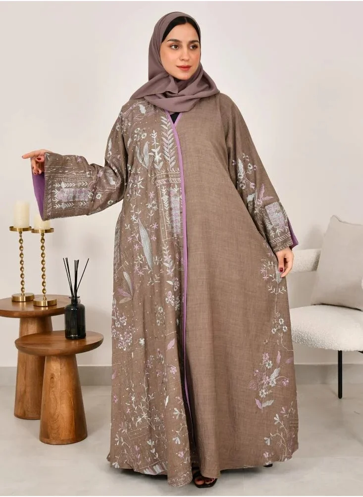 lamha abaya Brown half-cloche wrap abaya with wide sleeves and bright embroidery all over the abaya