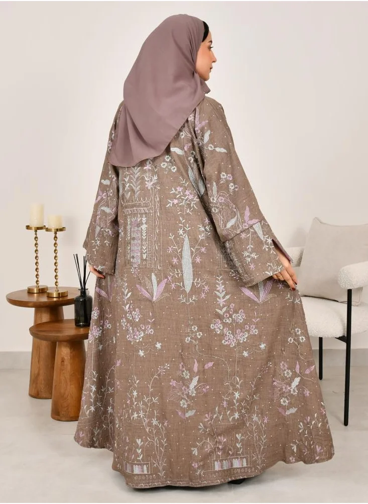 lamha abaya Brown half-cloche wrap abaya with wide sleeves and bright embroidery all over the abaya