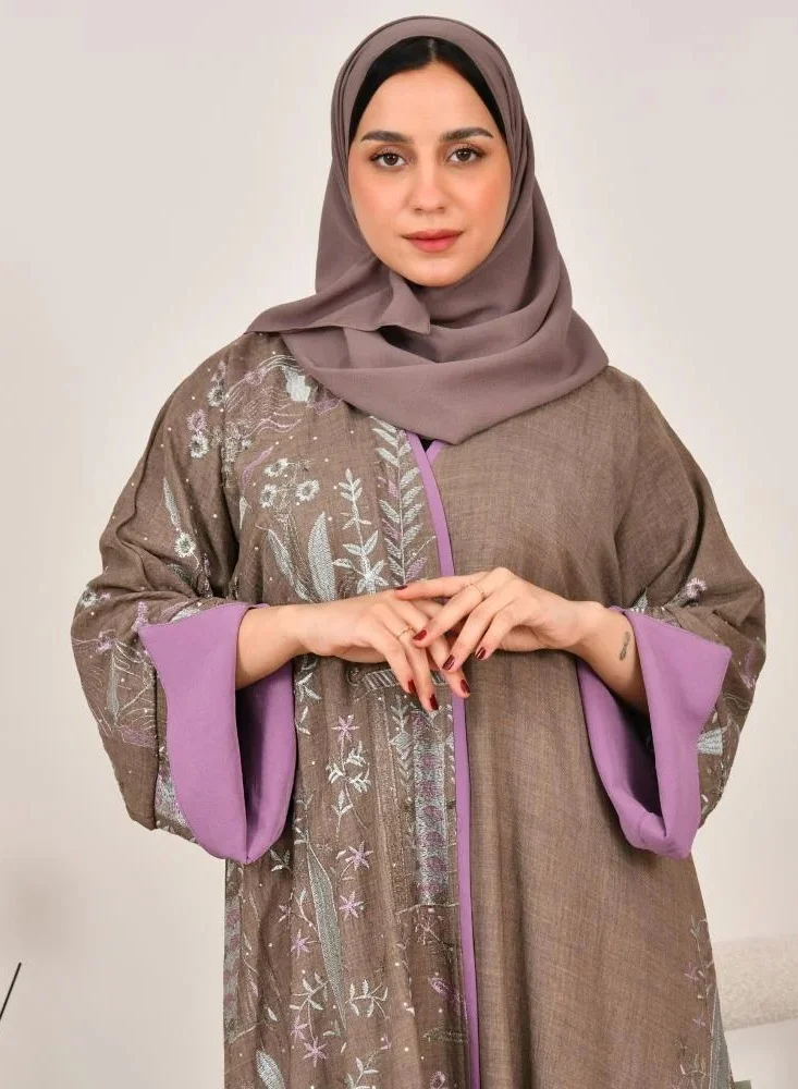 lamha abaya Brown half-cloche wrap abaya with wide sleeves and bright embroidery all over the abaya