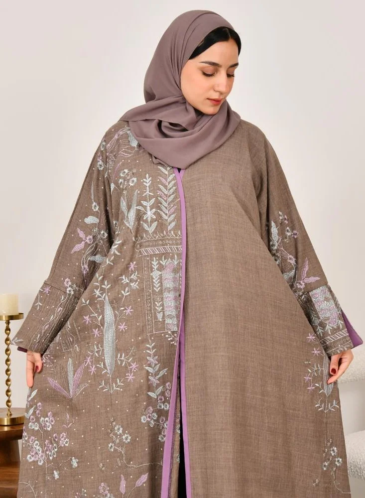 lamha abaya Brown half-cloche wrap abaya with wide sleeves and bright embroidery all over the abaya