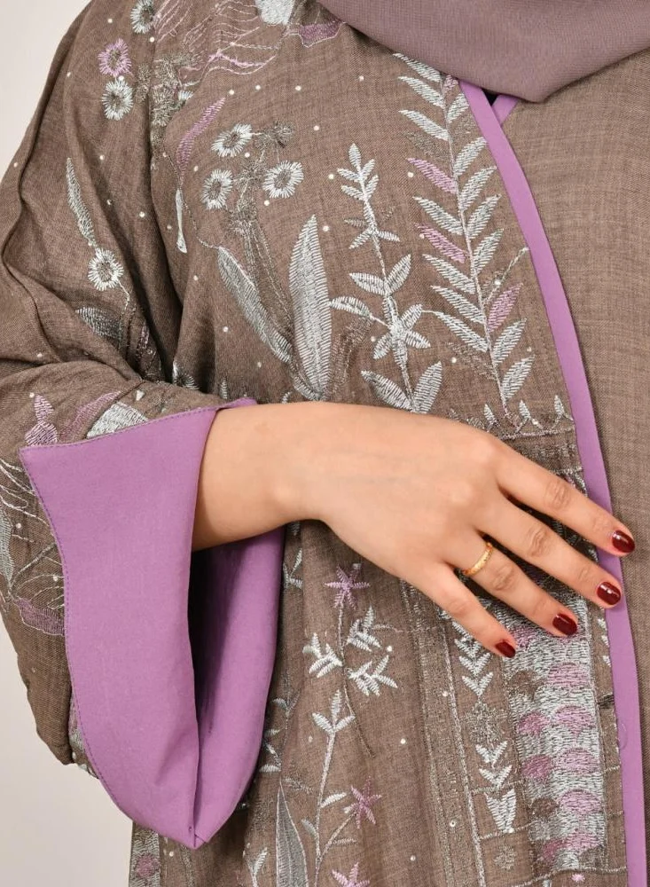 lamha abaya Brown half-cloche wrap abaya with wide sleeves and bright embroidery all over the abaya