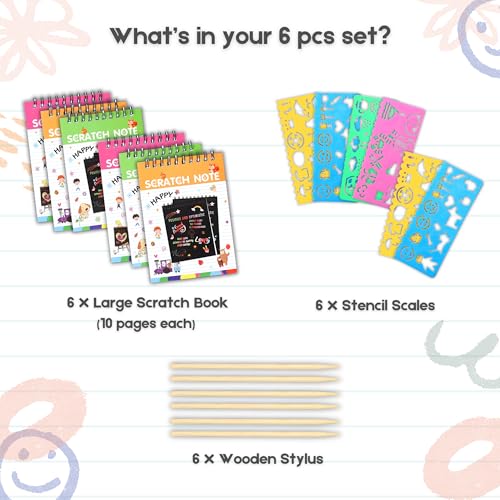 Finemoe Scratch Book with Stencil Scale for Kids, Bulk Return Gifts for Birthday, Magic Activity Kit, Thoughtful Return Gifts for Girls & Boys Ages 3 & Above, Art & Craft Kit for Kids (Large 6 Set) - Image 3