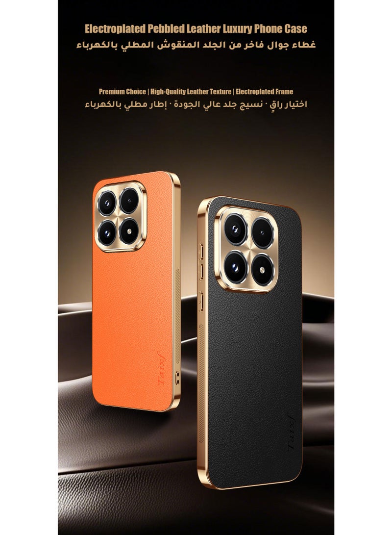 Luxury Leather Case for Xiaomi 17 – Premium Gold Electroplated Frame & Metal Alloy Camera Lens Protector, Shockproof TPU Protective Cover (Orange) - Image 2