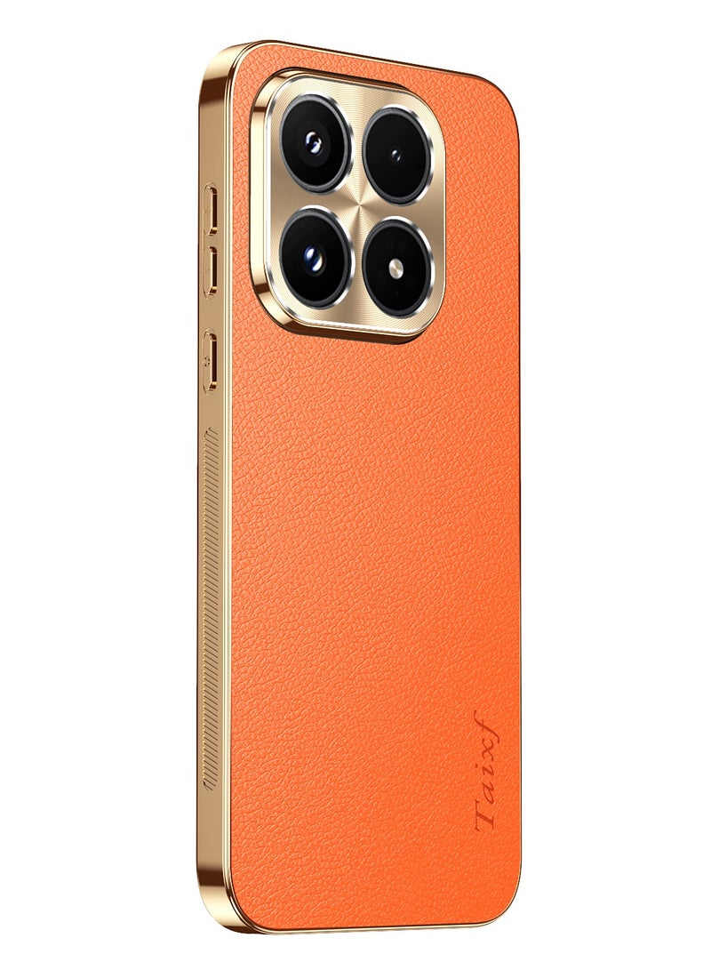 Luxury Leather Case for Xiaomi 17 – Premium Gold Electroplated Frame & Metal Alloy Camera Lens Protector, Shockproof TPU Protective Cover (Orange) - Image 1