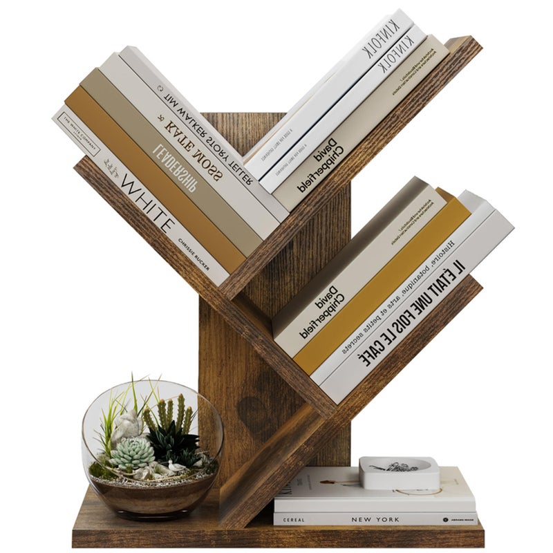 Tajsoon Tree Bookshelf 3 Tier Book Shelves Storage Organizer Desktop Bookshelf Floor Standing Bookcase Display for MagazineBooks Small Tree Bookshelf for Bedroom Living Room Office Rustic Brown