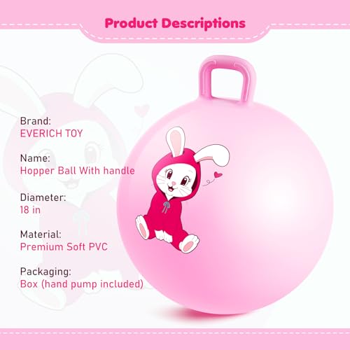 EVERICH TOY Hopper Ball Pink Bunny Hopping Toys for Kids 18 Inch Bouncy Ball with Handle Indoor Outdoor Inflatable Hoppity Hop Toys for Girls Boys Gift with Pump - Image 5