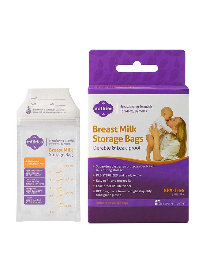 Milkies Fairhaven Health Milkies Breast Milk Storage Bags, 50 Count, Presterilized and BPA Free, No Leak and No Break, Easy to use, Freeze up to 6 Ounces  - Image 1