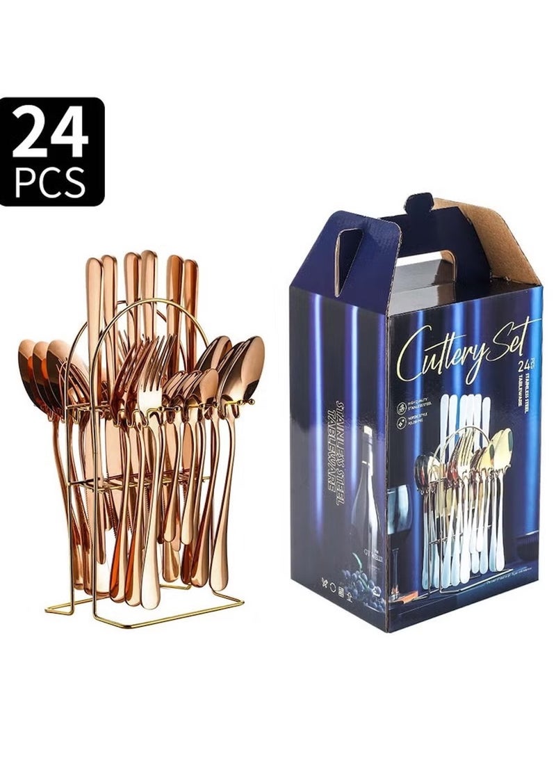 Huitich 24-Piece Stainless Steel Cutlery Set with Stand – Rose Gold Finish - Image 1