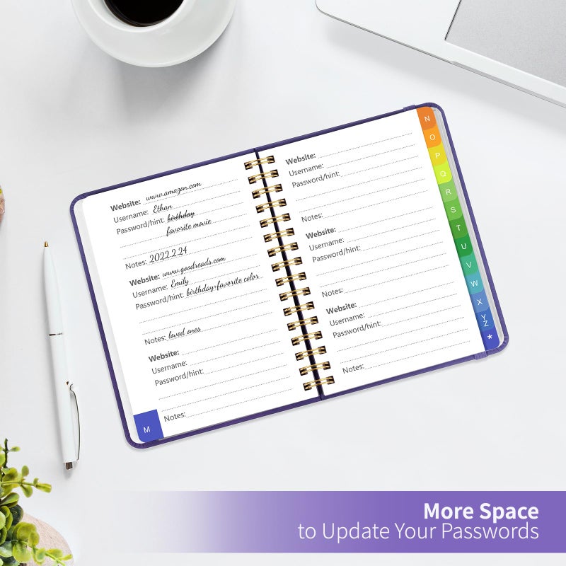 Blugool Small Password Book with Alphabetical Tabs, Password Keeper Book for Seniors, Individual & Colorful Tabs, Spiral Hardcover Password Notebook Small for Website Logins, 4.7" x 5.8", Purple - Image 4