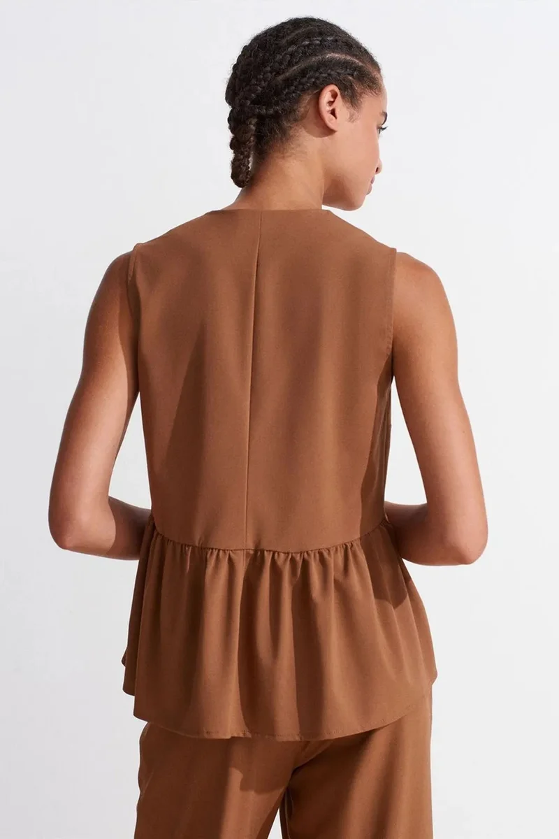 Dilvin Walnut Brown DILVIN Sleeveless Crepe V-Neck Button Blouse for Women | Best Price UAE
