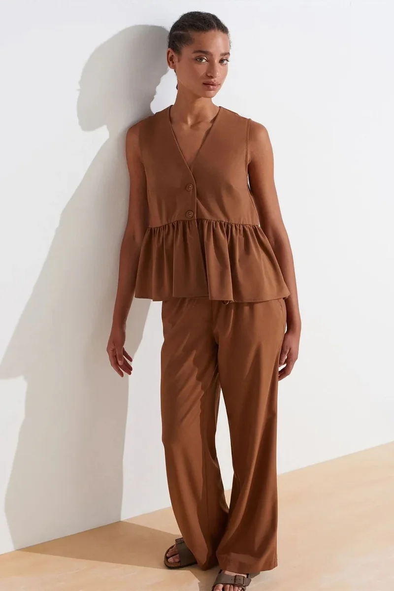 Dilvin Walnut Brown DILVIN Sleeveless Crepe V-Neck Button Blouse for Women | Best Price UAE
