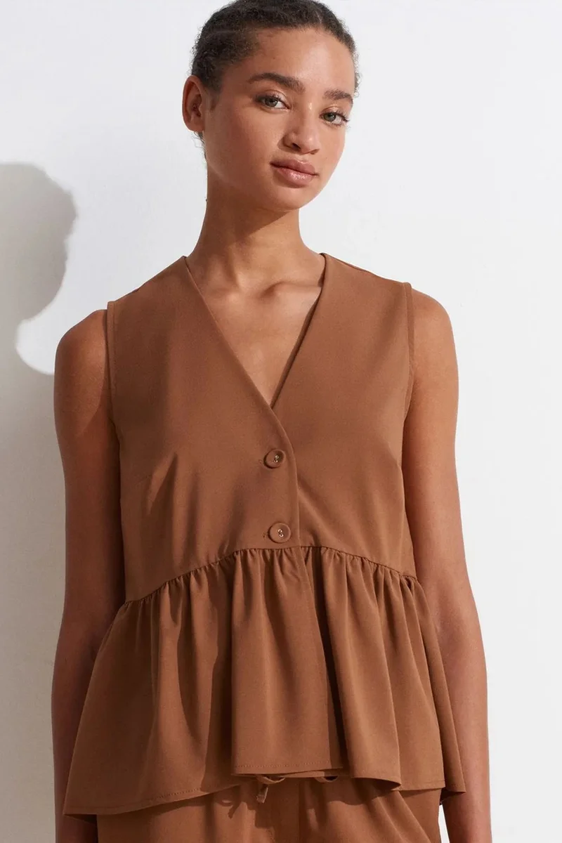 Dilvin Walnut Brown DILVIN Sleeveless Crepe V-Neck Button Blouse for Women | Best Price UAE