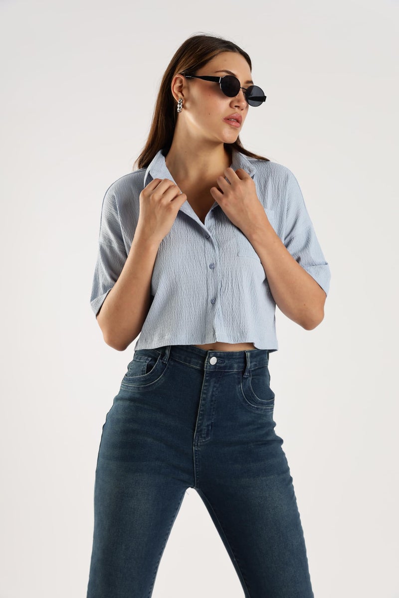 FYLTR Women's Casual Solid Textured Crop Shirt -Boxy Fit | Half Sleeves Drop Shoulder | Tops for Jeans (FYLSS25WB-1326-Mist Blue-XL) - Image 2