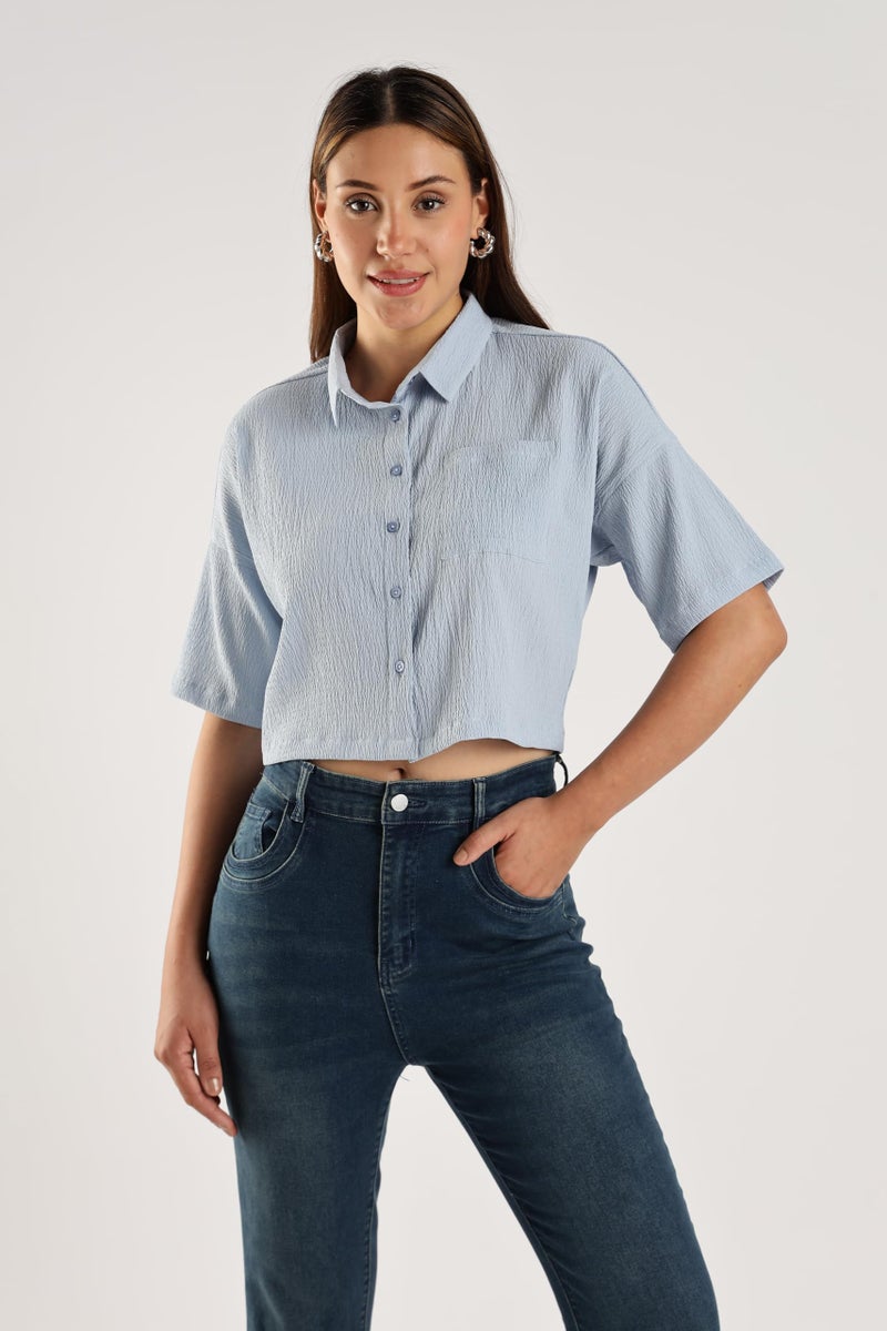FYLTR Women's Casual Solid Textured Crop Shirt -Boxy Fit | Half Sleeves Drop Shoulder | Tops for Jeans (FYLSS25WB-1326-Mist Blue-XL) - Image 3