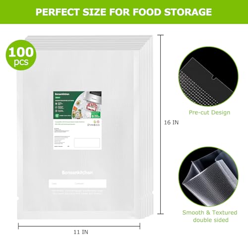 Bonsenkitchen Precut Vacuum Sealer Bags, 100 Gallon 11" x 16" Food Sealer Bags, Food Grade, BPA Free, Heavy Duty, Customized Vacuum Bags for Vac Storage, Meal Prep or Sous Vide Cooking, VB3214 - Image 2