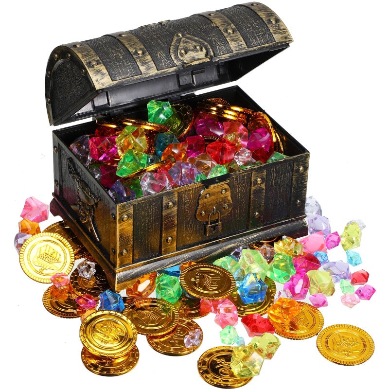 Enhon 147 Pieces Pirate Treasure Chest Toy Box with Lock and 1 Treasure Map 100 Colorful Gems 40 Pirate Coins 4 Earrings 2 Skeleton Necklaces for Halloween Themed Party Favors(Vintage Style) - Image 4