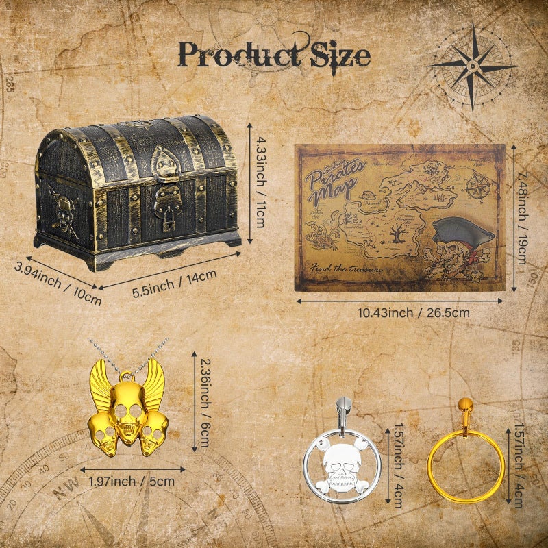 Enhon 147 Pieces Pirate Treasure Chest Toy Box with Lock and 1 Treasure Map 100 Colorful Gems 40 Pirate Coins 4 Earrings 2 Skeleton Necklaces for Halloween Themed Party Favors(Vintage Style) - Image 2