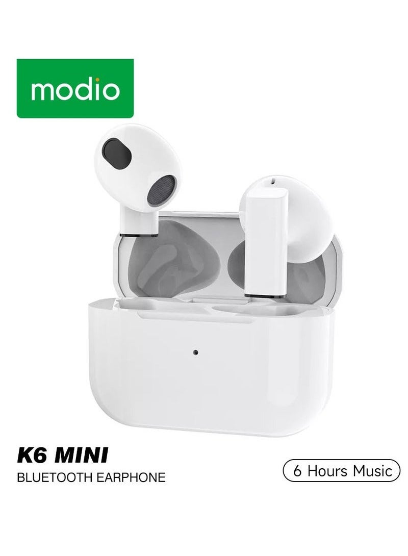 modio K6 Mini True Wireless Earphones with ENC Noise Reduction – Super Bass Sound Quality, HD Clear Microphone & Enhanced Audio Performance – Compatible with Android Mobiles & Tablets – White – Premium Sound & Noise Cancelling for Crisp Calls & Music - Image 1